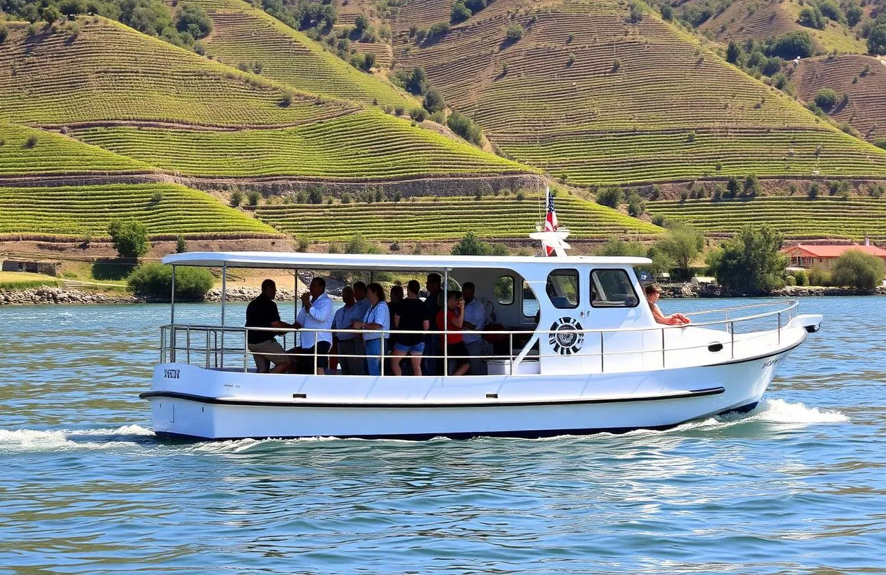 Barco de passeio no rio Douro entre vinhas em socalcos