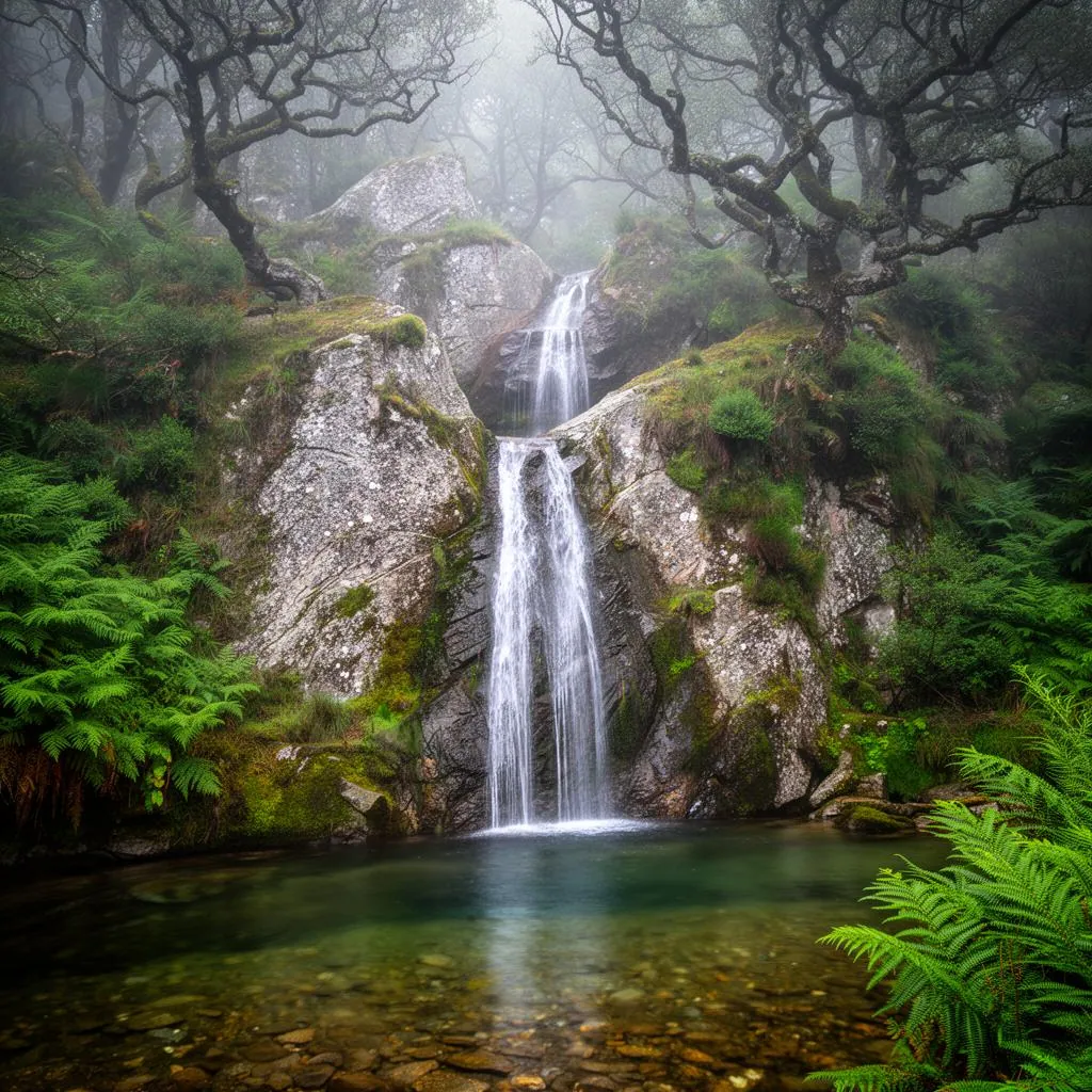 Cascata escondida entre rochas graníticas no Gerês